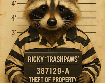 Lustige Waschbär Mugshot Bild druckbare Wand Kunst Kriminelle Tiere Dekor digitaler Download 8 x 10 Waschbär Tierdieb Mann Höhle Bauernhaus Kunst
