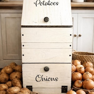 May include: A white wooden storage bin with the words "Potatoes" and "Onions" in black script. The bin has a decorative knob on each drawer. Potatoes and onions are visible in the foreground.