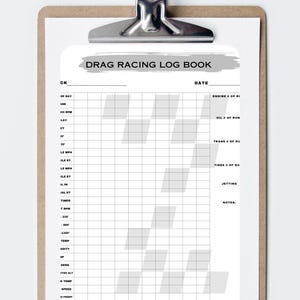 May include: A black and white drag racing log book with a chequered flag design. The log book has columns for date, engine, oil, transmission, tyres, jetting, and notes.