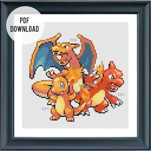 May include: Cross stitch pattern featuring four Pokemon characters: Charmander, Charmeleon, Charizard, and a small Charmander. The pattern is in a pixelated style and includes the numbers 004, 005, and 006.