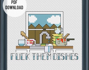 Fuck Them Dishes - PDF Cross Stitch Pattern Descarga digital - Regalo de humor crudo para el comprador de casa propietario de la casa decoración de la cocina arte de la pared