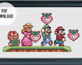 May include: Cross-stitch pattern featuring a group of Super Mario characters, including Mario, Luigi, Peach, and Toad, holding pink heart-shaped power-ups. The characters are standing on a green platform with a brown background.