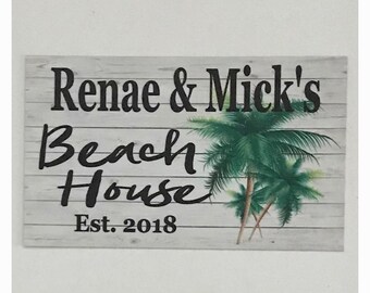 Personalised Wood Name Wall Door Plaque Sign Palm Tree Aloha Beach Sand Wedding