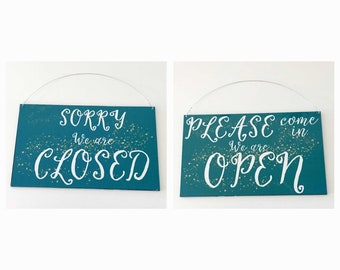 Open Closed Business Shop Cafe Hanging Sign - Aqua Chic