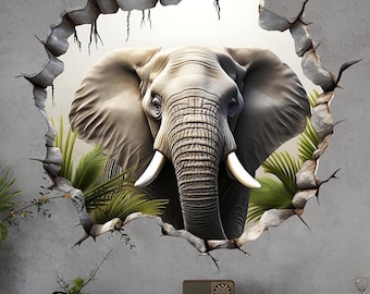 Elephant Hole Vinyl Decal | 3D Playroom Window Illusion Sticker | Boys Room Safari Wall Decor