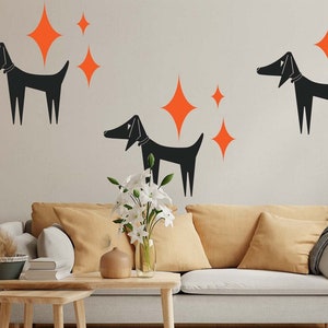 Mid-Century Dog with Starburst | Modern Wall Sticker Decal | Retro 70s | Custom Colors | MCM Wall Decals