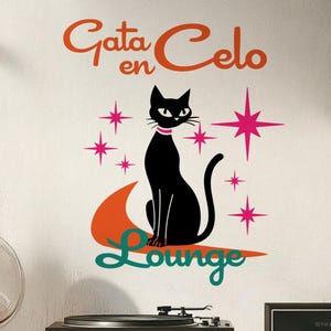 Mid Century Modern Cat Wall Decal, Atomic Starburst Vinyl Mural | Gata en Celo