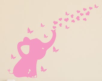 Elephant With Hearts and Butterflies Nursery Wall Decal Room Decor, Nursery Wall Decal, Girls Room, Girl Baby Nursery Decor (41 x 33 In)