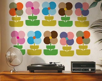 Retro Floral Wall Decals | Mid-Century Boho Flower Vinyl Art (Set of 10)