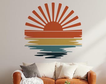 Retro Sunset Waves Wall Decal, Removable Boho Sun Vinyl Sticker