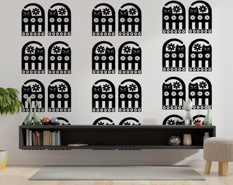 Retro Black Cat Wall Decal Set Peel and Stick Vinyl Folk Art 22x80