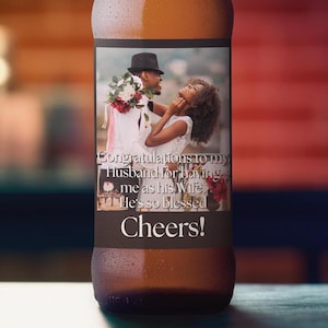 カスタム写真ビールボトルラベル | パーソナライズされた婚約・結婚祝い | 記念日ギフト 6 個パック | 3.75 x 3 - 6 個パック