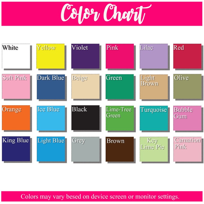 Pu&ograve; includere: Tabella colori con 16 campioni di colore. I colori sono: bianco, giallo, viola, rosa, lilla, rosso, rosa tenue, blu scuro, beige, verde, marrone chiaro, oliva, arancione, blu ghiaccio, nero, verde lime, turchese, gomma da masticare, blu reale, blu chiaro, grigio, marrone, torta alla lime e rosa carnation. Il testo "I colori possono variare a seconda dello schermo del dispositivo o delle impostazioni del monitor." &egrave; in fondo alla tabella.