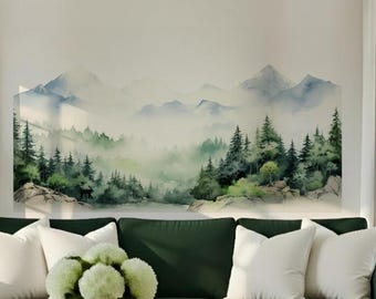 Watercolor Misty Forest Wall Decal, Removable Mountain Mural Sticker