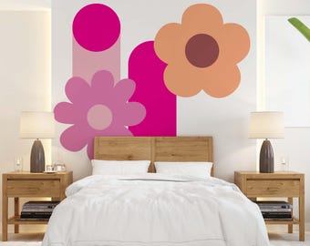 Juego de 4 vinilos decorativos retro con diseño de margaritas de mediados de siglo.