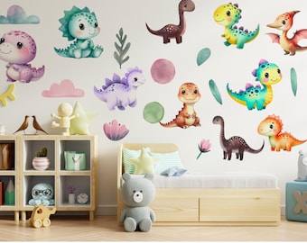 水彩画風恐竜ウォールステッカー • ベビーナーサリーステッカー、子供部屋の装飾