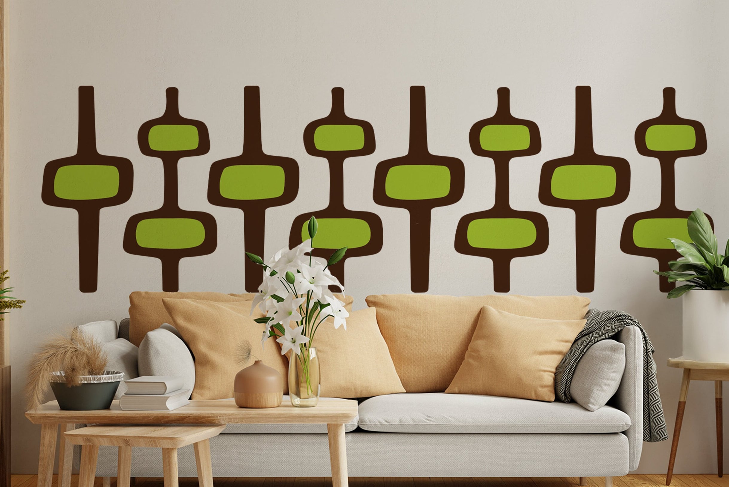 Grand Autocollant Mural Rétro – Motif Atomique Et Géométrique – Style Mid-Century Moderne