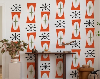 Calcomanía de pared atómica moderna de mediados de siglo: estilo retro de los años 70