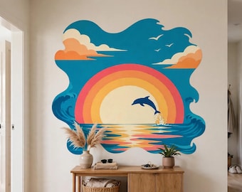 Dolphin Sunset Wall Decal, Peel and Stick Ocean Wave Vinyl Sticker, Retro Decor