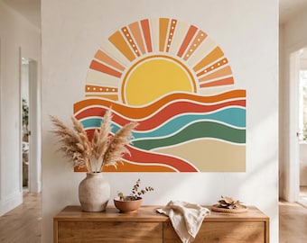 Retro Sun Wave Wall Decal, Boho Removable Sticker Art
