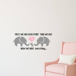 Pu&ograve; includere: Un adesivo da parete con una famiglia di elefanti grigi con il testo "First we had each other, then we had you. Now we have everything..." Gli elefanti tengono un cuore rosa con la parola "you" all'interno.