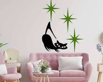 Mid-Century Modern Atomic Cat with Starburst Wall Decal Sticker