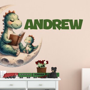 Dinosaur Mama and Baby Reading on Moon Wall Decal: Nursery Art, Removable Vinyl