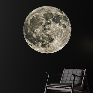 Puede incluir: Una imagen grande y detallada de la luna, impresa en una pared negra. La luna está en el centro de la imagen y es el único objeto visible. La imagen está tomada desde una perspectiva cercana.