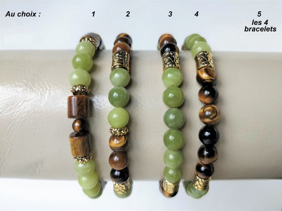 Bracelet œil De Tigre Et Jade Néphrite Vert. Perles 6 Mm. Homme, Femme.  Bracelet élastique Gemme Pierre Semi-précieuse Véritable 