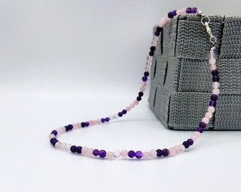 Genuine amethyst and rose quartz necklace (bead diameter 4 mm). Man or woman. Fine gemstone. All lengths