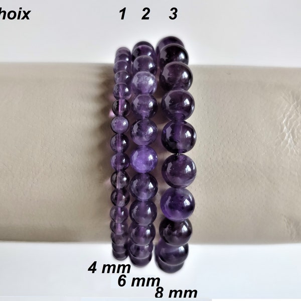 Bracelet en améthyste naturelle (perles rondes 4 mm, 6 mm, 8 mm). Homme, femme. Pierre fine gemme semi précieuse véritable violette