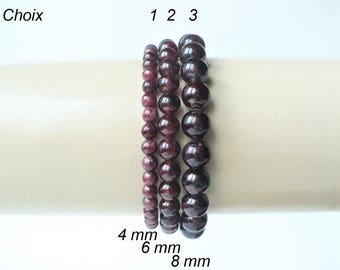 Bracelet Grenats véritables rouge foncé (perles 4 mm, 6 mm, 8 mm rondes). Homme, femme. Gemme pierre semi-précieuse naturelle.