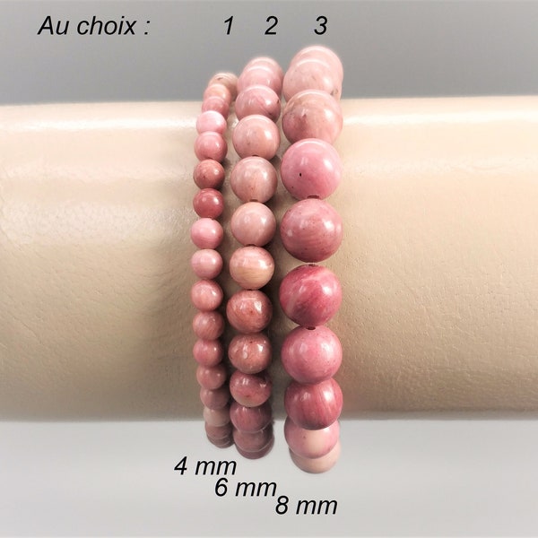 Bracelet pierres rhodonite naturelle (perles rondes 4 mm, 6 mm, 8 mm). Homme, femme. Pierre fine gemme semi-précieuse véritable rose beige