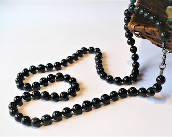 Collier pierres obsidienne noire naturelle, perles nouées 8 mm ou 6 mm au choix, homme femme. Longueur au choix.