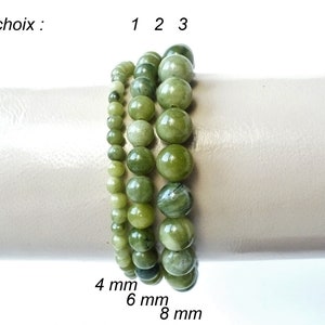 Natural green nephrite jade bracelet (4 mm, 6 mm, 8 mm beads). Man Woman. Fine semi-precious gemstone. Elastic bracelet.