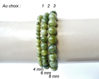 Natural green nephrite jade bracelet (4 mm, 6 mm, 8 mm beads). Man Woman. Fine semi-precious gemstone. Elastic bracelet.