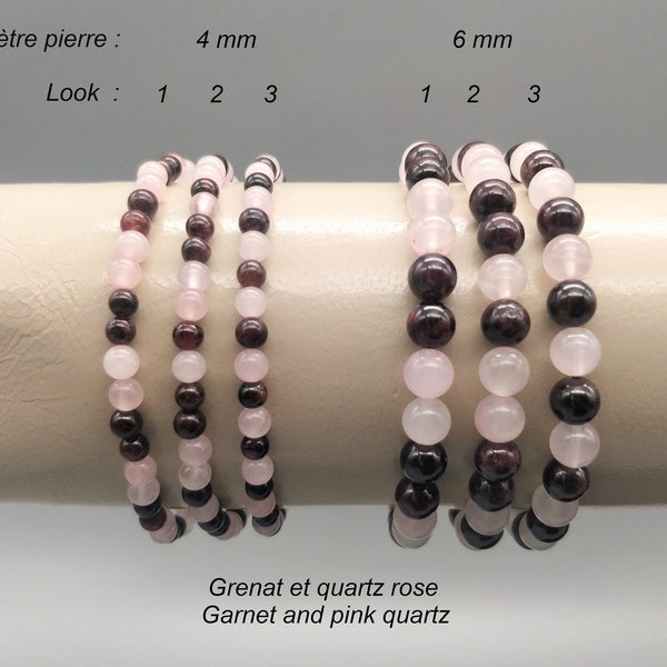 Bracelet grenat et quartz rose véritables (diamètre des perles au choix 4 mm ou 6 mm). Homme ou femme. Pierre fine gemme.
