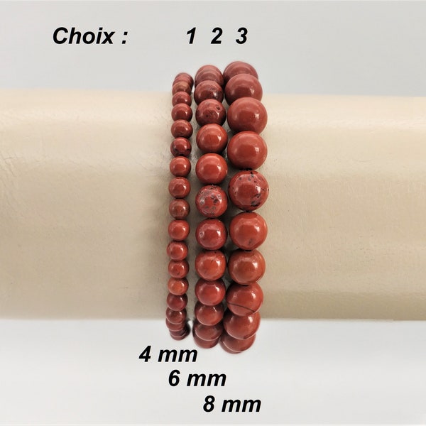 Bracelet pierre Jaspe rouge naturel (perles 4 mm, 6 mm, 8 mm au choix). Homme, femme. Pierre semi précieuse véritable. Bracelet élastique