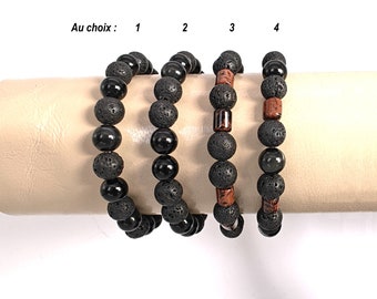 Bracelet pierre de lave et obsidienne. 4 modèles au choix.  Homme femme. Pierre fine véritable, gemme. Bracelet élastique.