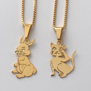 18K Gold gefülltes Kaninchen und Katze Zeichentrickfilm-niedlicher Spaß-Anhänger-Halsketten Bester Freund-Paar-Set BFF Charakter Tiere Lustiges Bambi