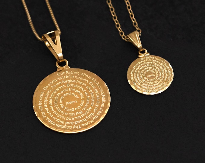 18K Gold Filled Lord's Prayer Our Father Medal Pendant Necklace: Medallion Circle Christian Catholic