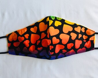 Rainbow Hearts Face Coverings Masks, Reusable & Washable, Cloth Mask Made in the USA