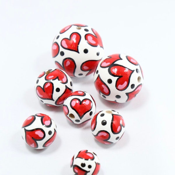 Hearts Wooden Bead Set, Hand-Painted Wooden Beads, Beads for Jewelry Making, DIY Jewelry, Wooden Materials, Vintage Macrame Beads