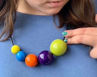 Rainbow Colors Wooden Necklace, Hand-Painted Jewellery