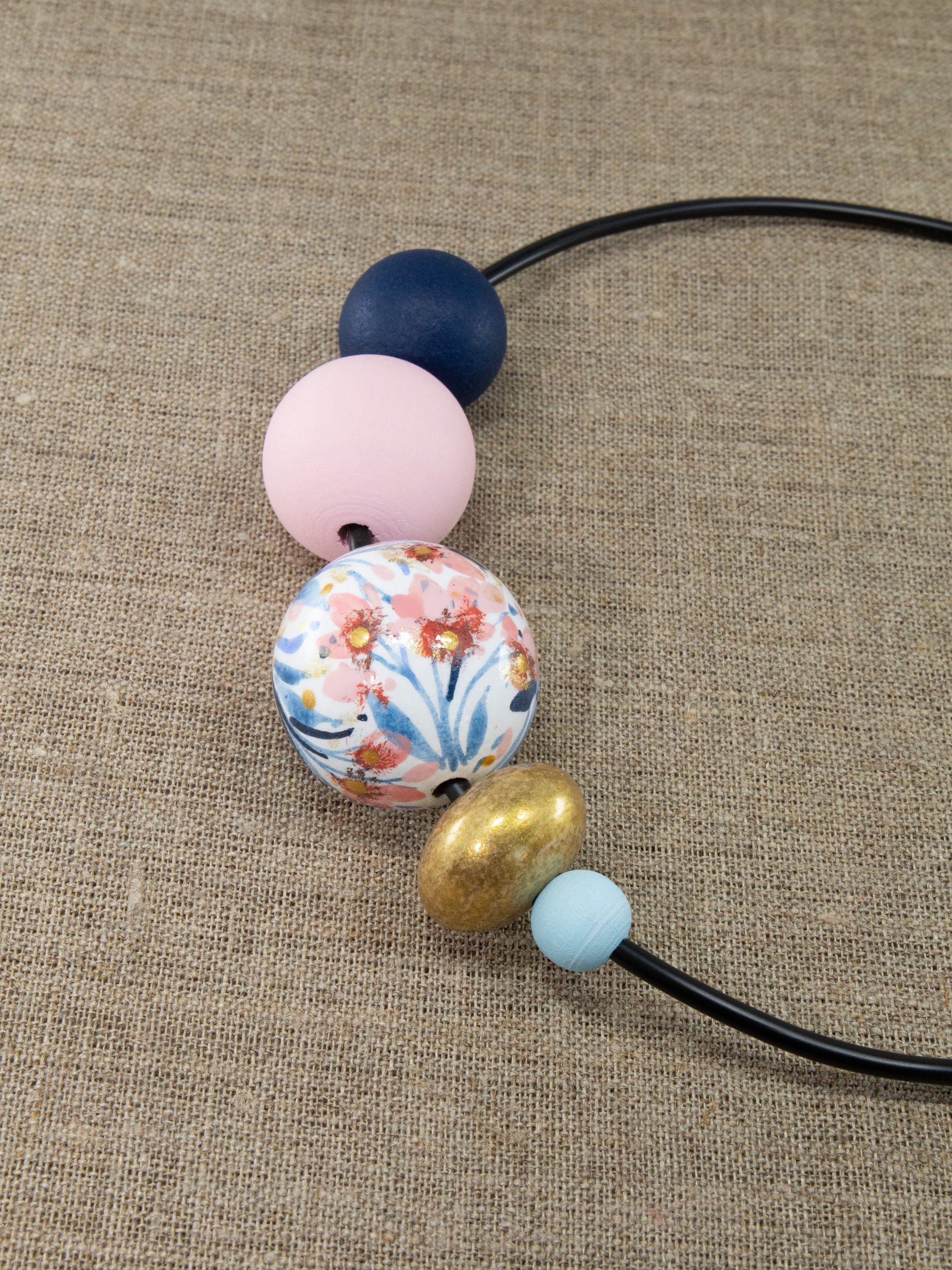 Pink - German Silver Wooden Beads Necklace Set 05