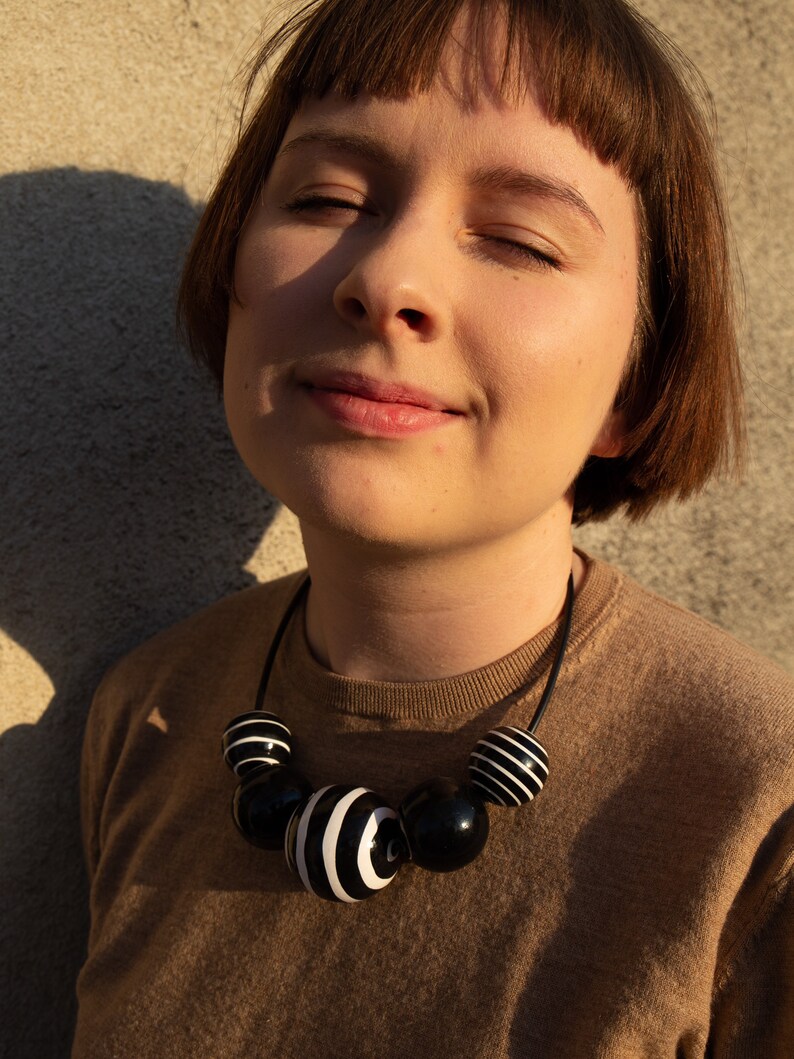 43cm Black Stripes Wooden Beads Necklace, Hand-painted Jewellery - Etsy