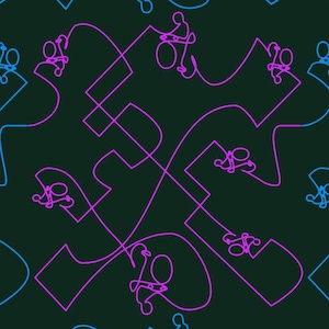 May include: Abstract pattern on a dark green background. The design features a repeating arrangement of blue and magenta linear shapes, resembling stylized figures and geometric forms. The lines create a dynamic and modern aesthetic.