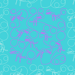 May include: A repeating pattern on a bright turquoise background featuring continuous line drawings of cats. The outer area displays white cat outlines, while a central square section highlights the same cat design in a vibrant magenta color.