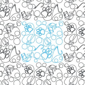 Puede incluir: Un patrón repetitivo con dibujos lineales de peces, huellas de patas y anzuelos. El diseño es principalmente en blanco y negro, con una sección resaltada en azul claro. El tema general sugiere la pesca y las mascotas.