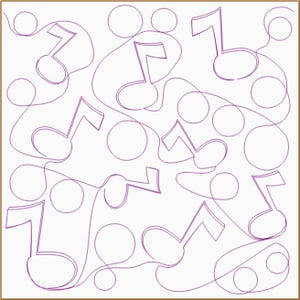 May include: A white background with a repeating pattern of purple musical notes and circles. The notes are stylized with a single continuous line, creating a flowing, abstract design. The image is framed with a thin, gold-colored border.